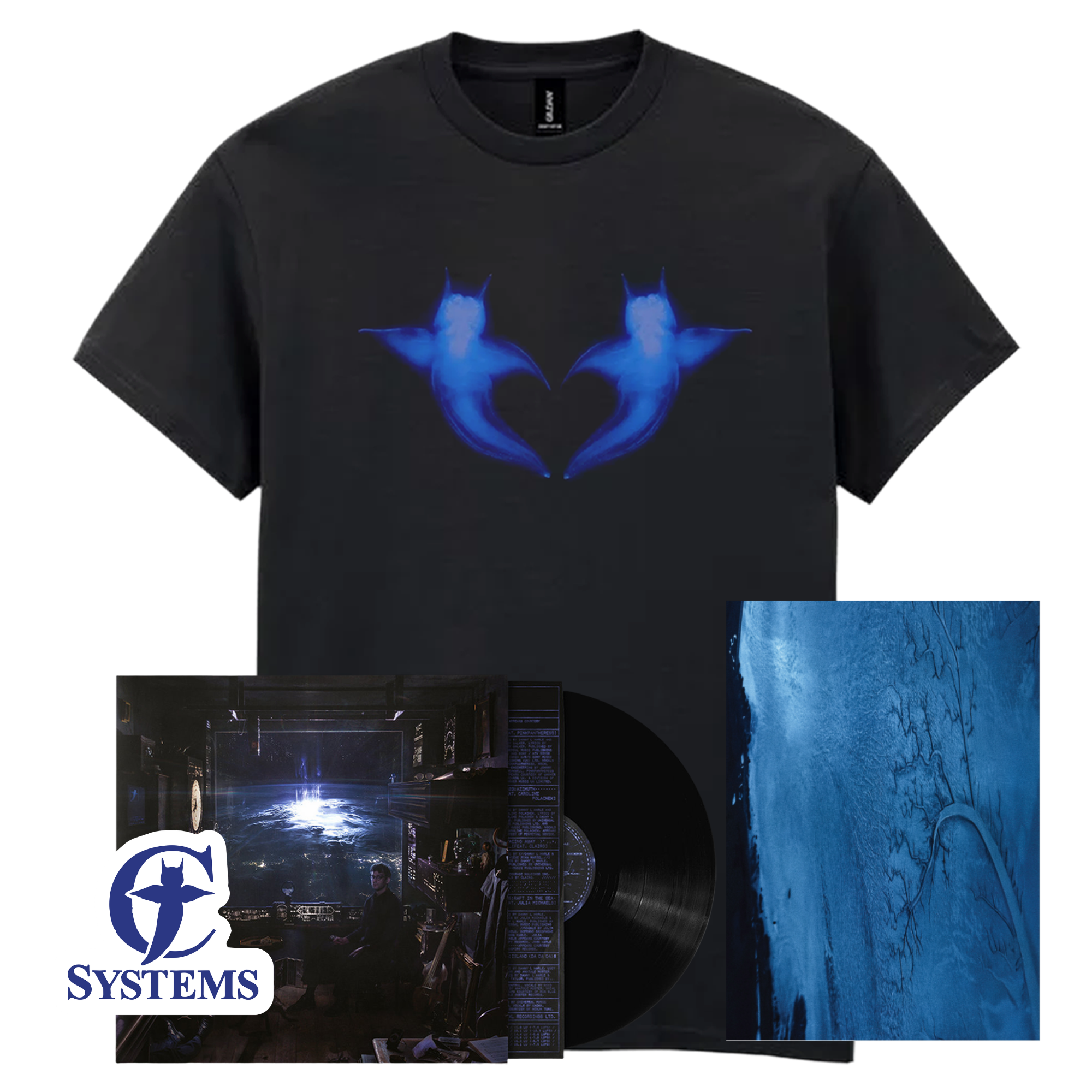 Two Hearts T-Shirt, Black Vinyl, Sticker, Zine Bundle