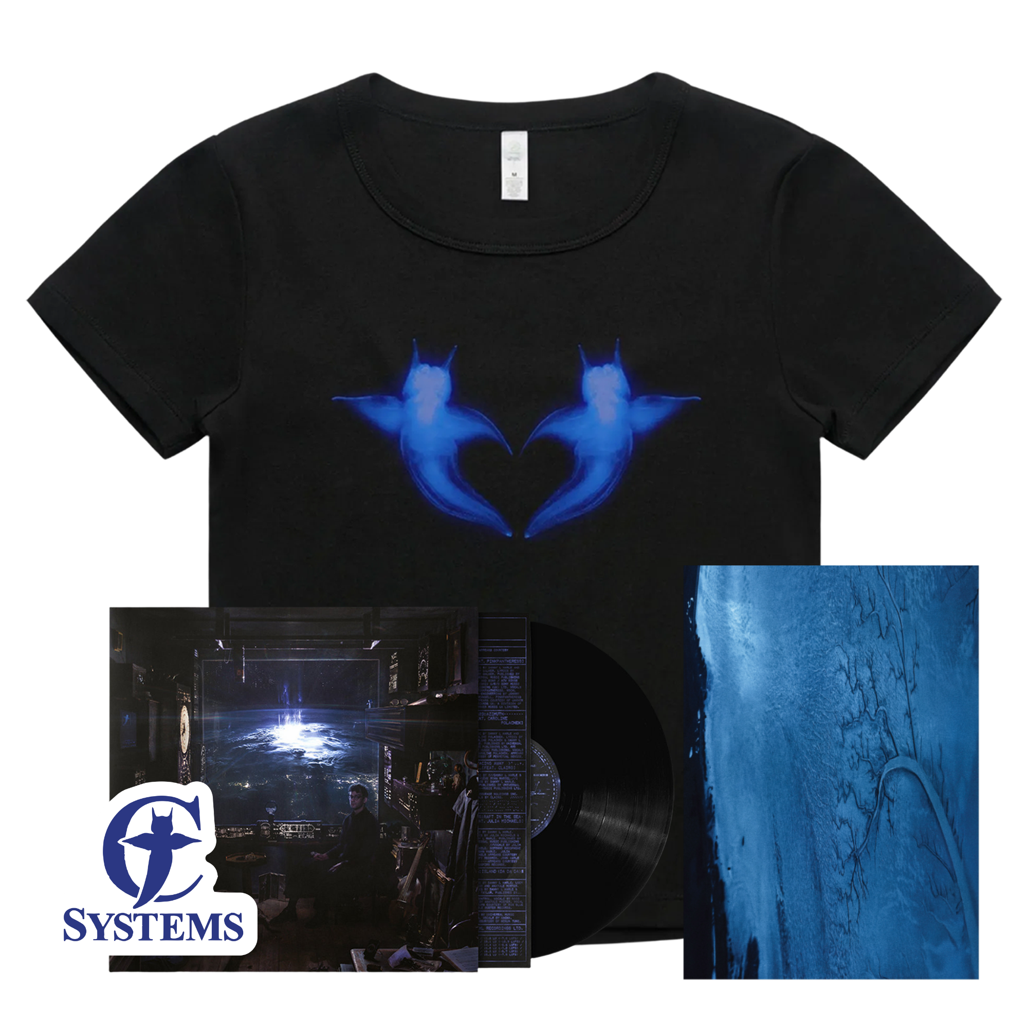 Two Hearts Baby-Tee, Black Vinyl, Sticker, Zine Bundle